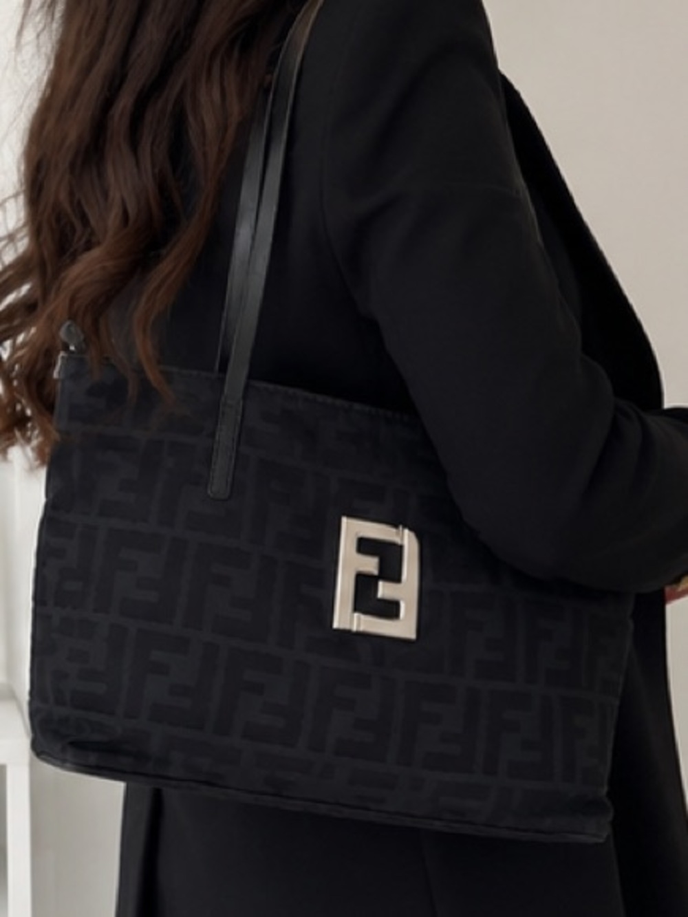 Fendi Black FF ZUCCA Logo Jacquard SHOULDER BAG Tote AUTHENTIC